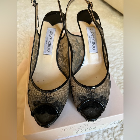 Jimmy Choo Nova 100mm Black Floral Lace Mesh Slingback Peep Toe Sandal Heels 38 - Picture 7 of 12